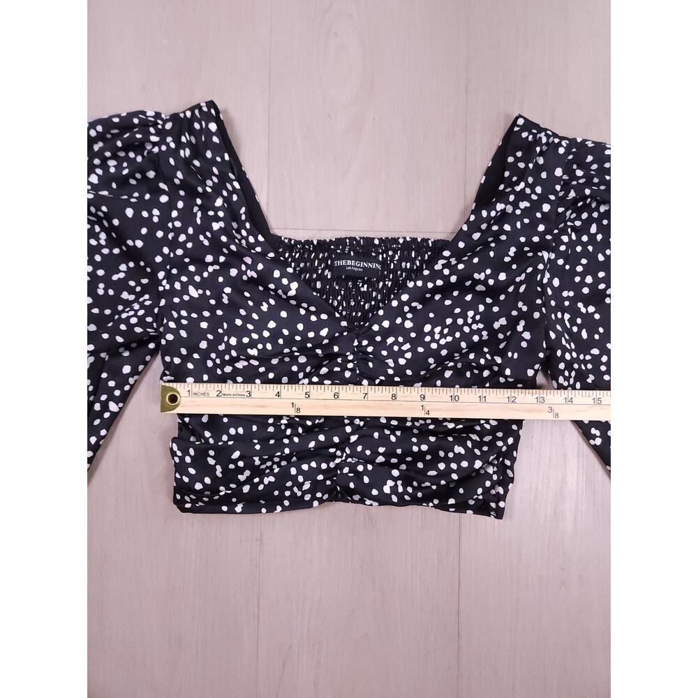 INTHEBEGINNING Los Angeles Puff Sleeve Polka Dot Crop Top – Black/White, Size S - Picture 7 of 12